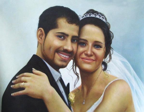 油畫定定制把黑白的結婚婚紗照片畫成婚紗油畫