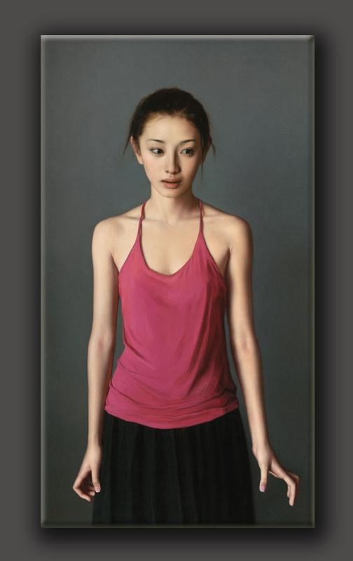 李貴君《穿紅背心的女孩》美女肖像油畫