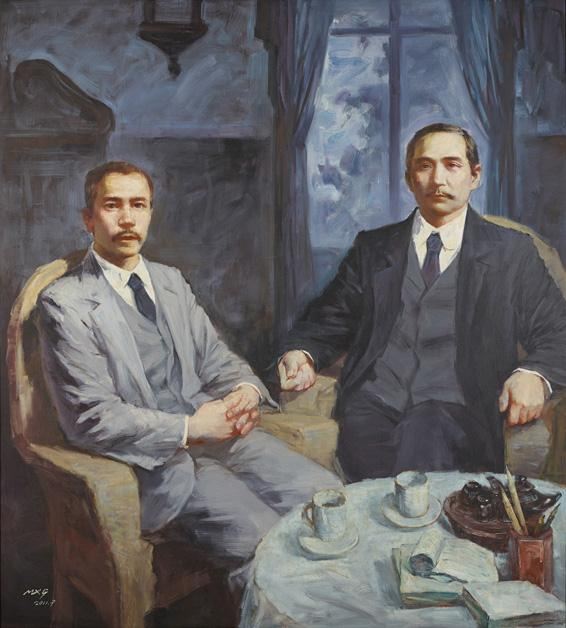 陳嘉庚與孫中山  作者：麻顯鋼  創(chuàng)作年代：2011  規(guī)格：200×180cm  品類：油畫