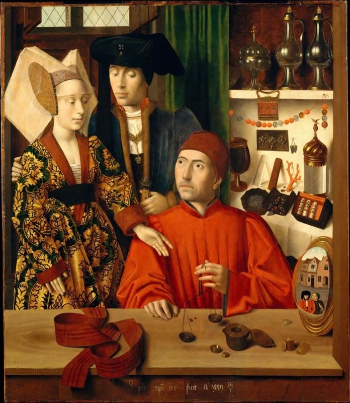 店中的金匠,1449年,早期尼德蘭風格,板上油畫,100x86厘米,羅伯特·萊曼收藏,大都會美術館,紐約 店中的金匠,1449年,早期尼德蘭風格,板上油畫,100x86厘米,羅伯特·萊曼收藏,大都會美術館,紐約