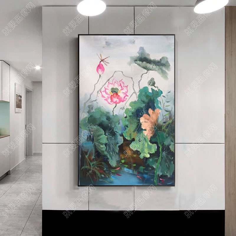 荷花荷葉蜻蜓手繪裝飾畫油畫